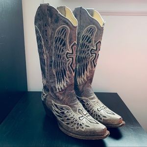 Vintage Corral Brown Black Sequin Wing Cross Inlay